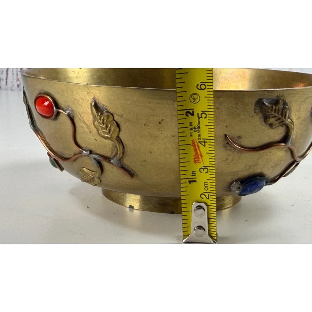 Antique Chinese Bowl Cloisonne Brass/Enamel w/semi precious stones